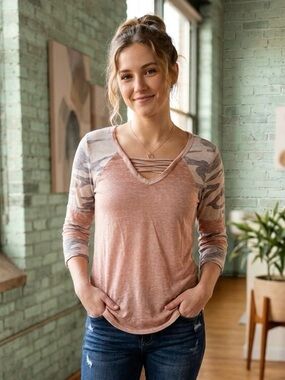 Derek Heart Dusty Rose V-Neck Long Sleeve Top with Camo Sleeves
